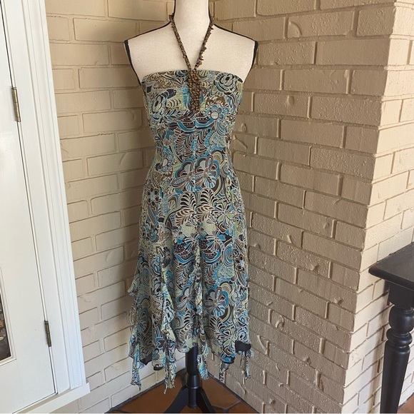Vintage 90s Y2K 100% Silk Beaded Fairycore Hoco Dress Halter Handkerchief Hem 6